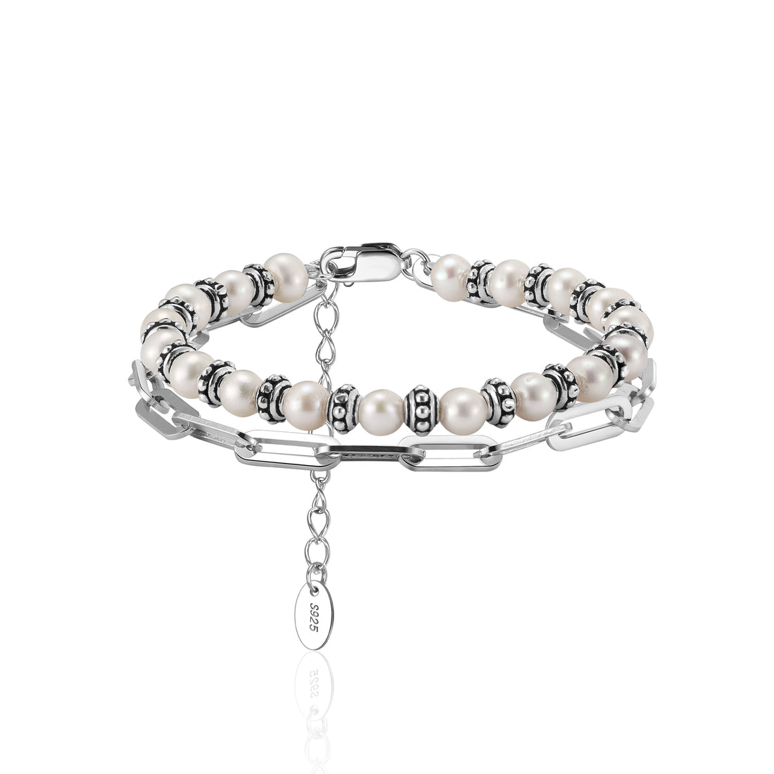 Pearl Clip Double Bracelet - Sterling Silver/Freshwater Pearl