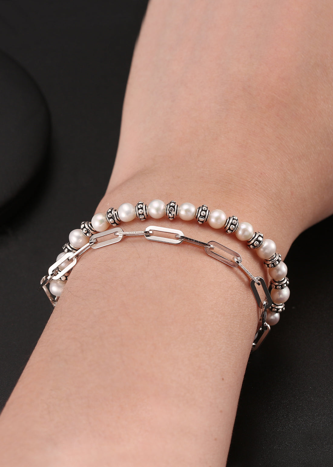 Pearl Clip Double Bracelet - Sterling Silver/Freshwater Pearl