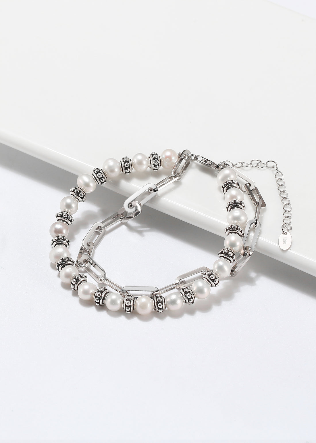 Pearl Clip Double Bracelet - Sterling Silver/Freshwater Pearl