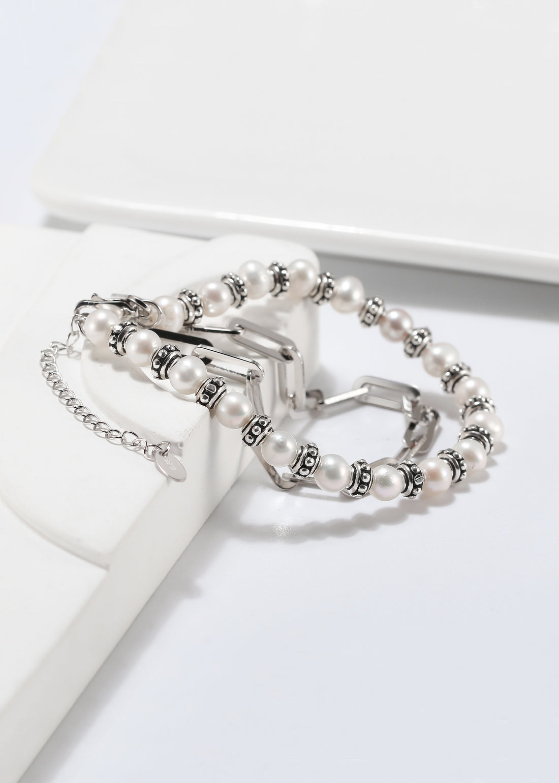 Pearl Clip Double Bracelet - Sterling Silver/Freshwater Pearl