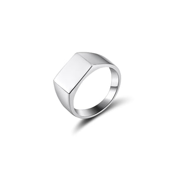 Minimalistic silver ring with a bold, square signet design on a clean white background. The ring showcases a smooth, polished surface with a reflective shine, emphasizing its modern and geometric aesthetic.