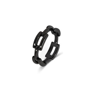 Sleek black ring with a distinctive interlocking design, featuring a series of uniform, arch-shaped links.